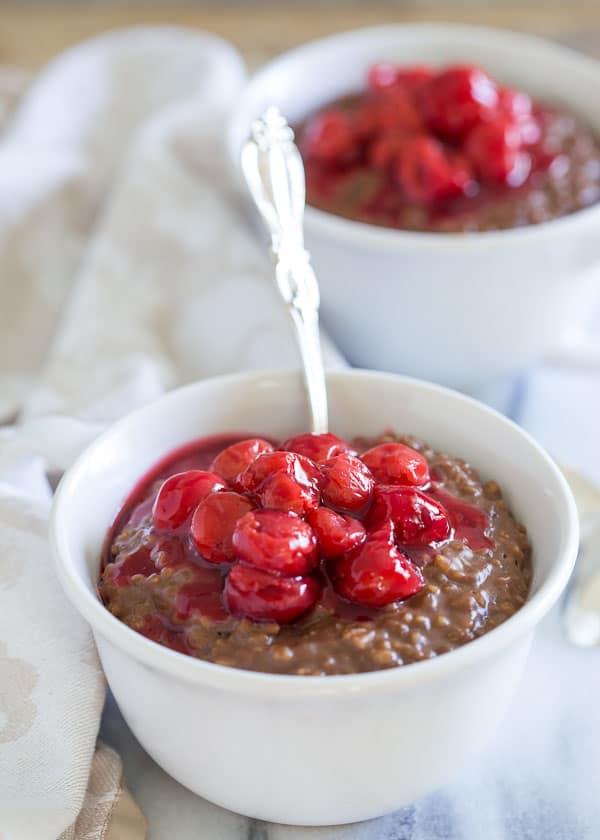 This slow cooker chocolate cherry steel cut oatmeal is waiting for you when you wake up in the morning.