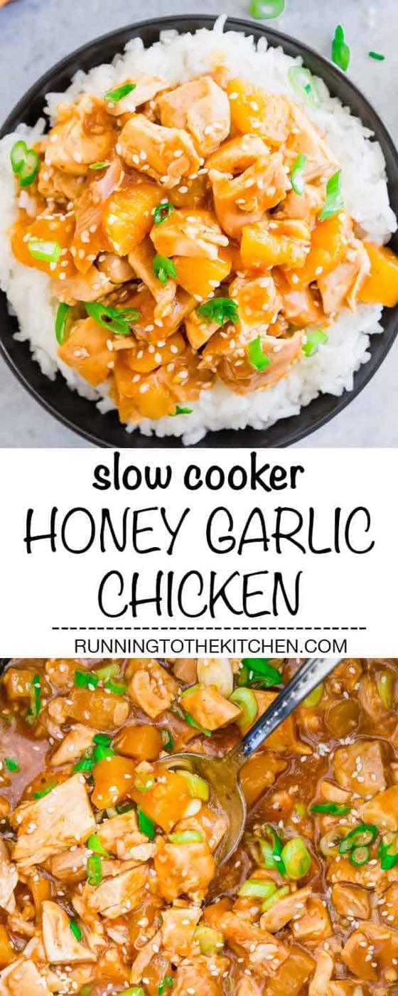 Try this easy recipe for slow cooker honey garlic chicken thighs with a sticky sweet and savory sauce and pineapple for an easy dinner served over rice. #slowcookerchicken #honeygarlicchicken #crockpotchicken
