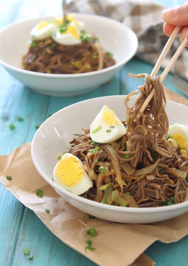 Sweet onion and leek soba noodles with hard boiled eggs