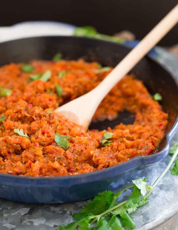 These eggs are scrambled with sofrito, a classic Spanish sauce cooked in oil that brings a ton of flavor and spice.