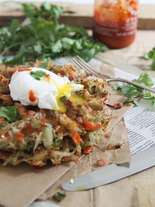 Southwestern hash brown waffles with poached eggs