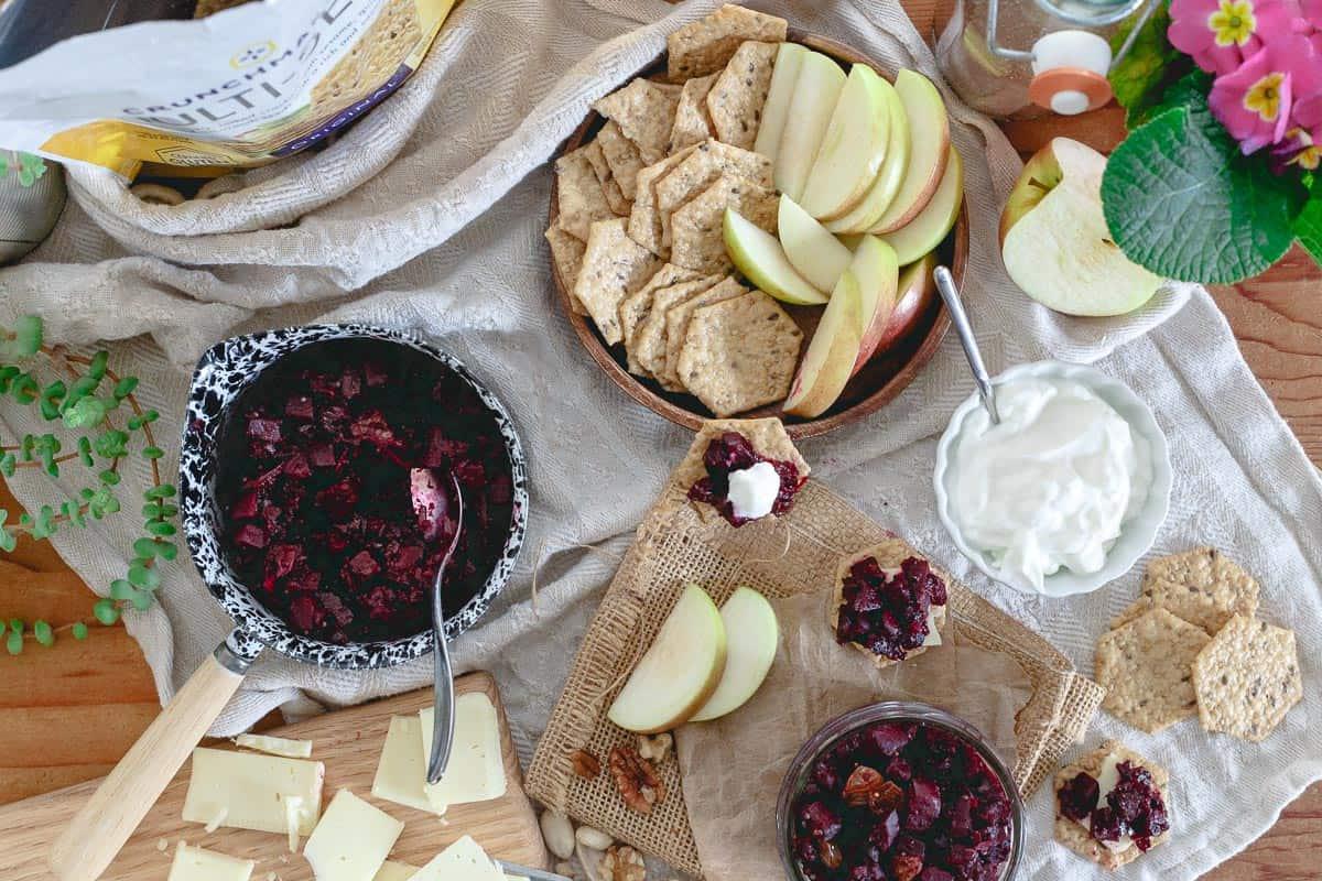 Serve this beet apple chutney with Crunchmaster crackers, your favorite cheese, yogurt, apple slices and nuts for a lovely winter appetizer spread.