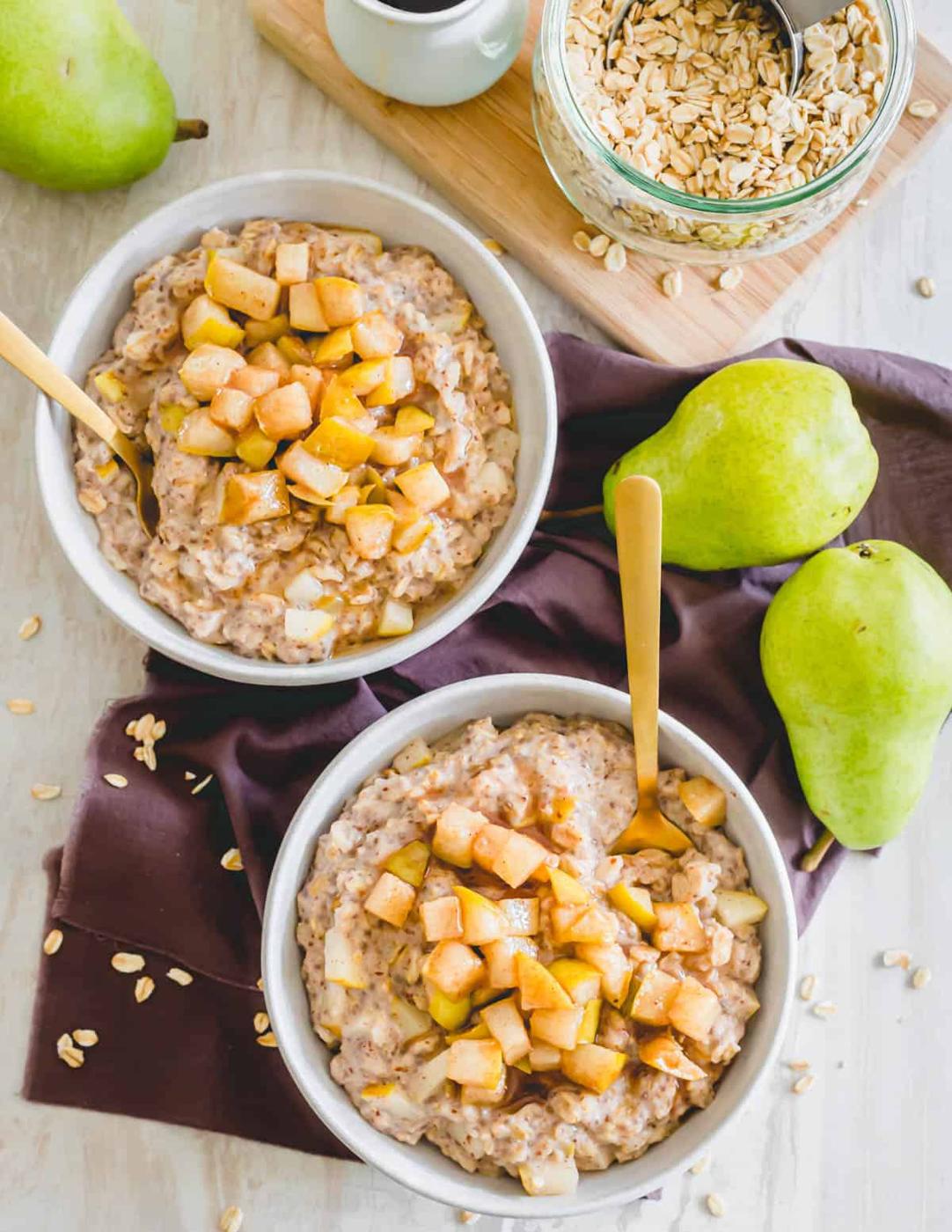 Spiced pears caramelized with maple syrup on top of oatmeal.