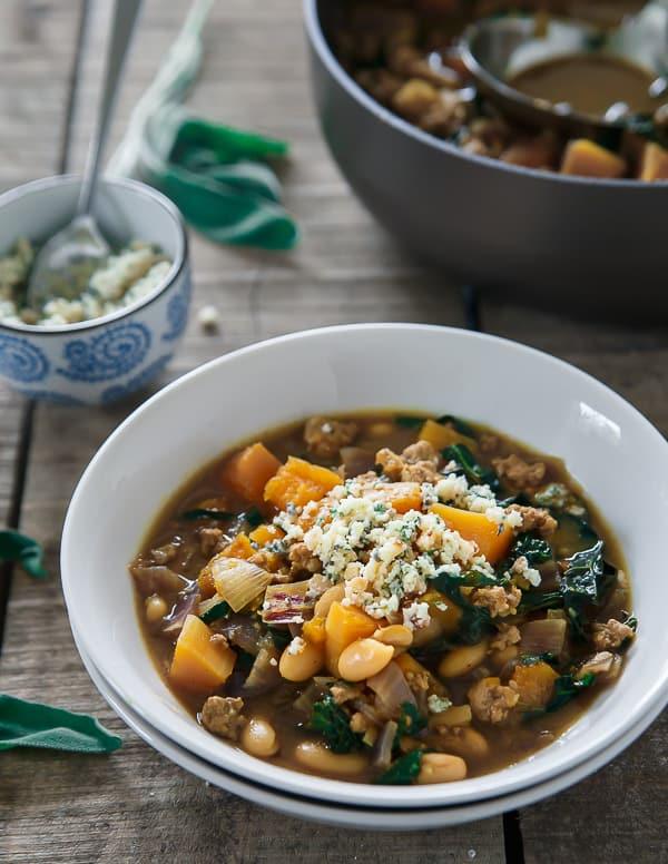 Spiced pork, squash and white bean soup with sage pesto