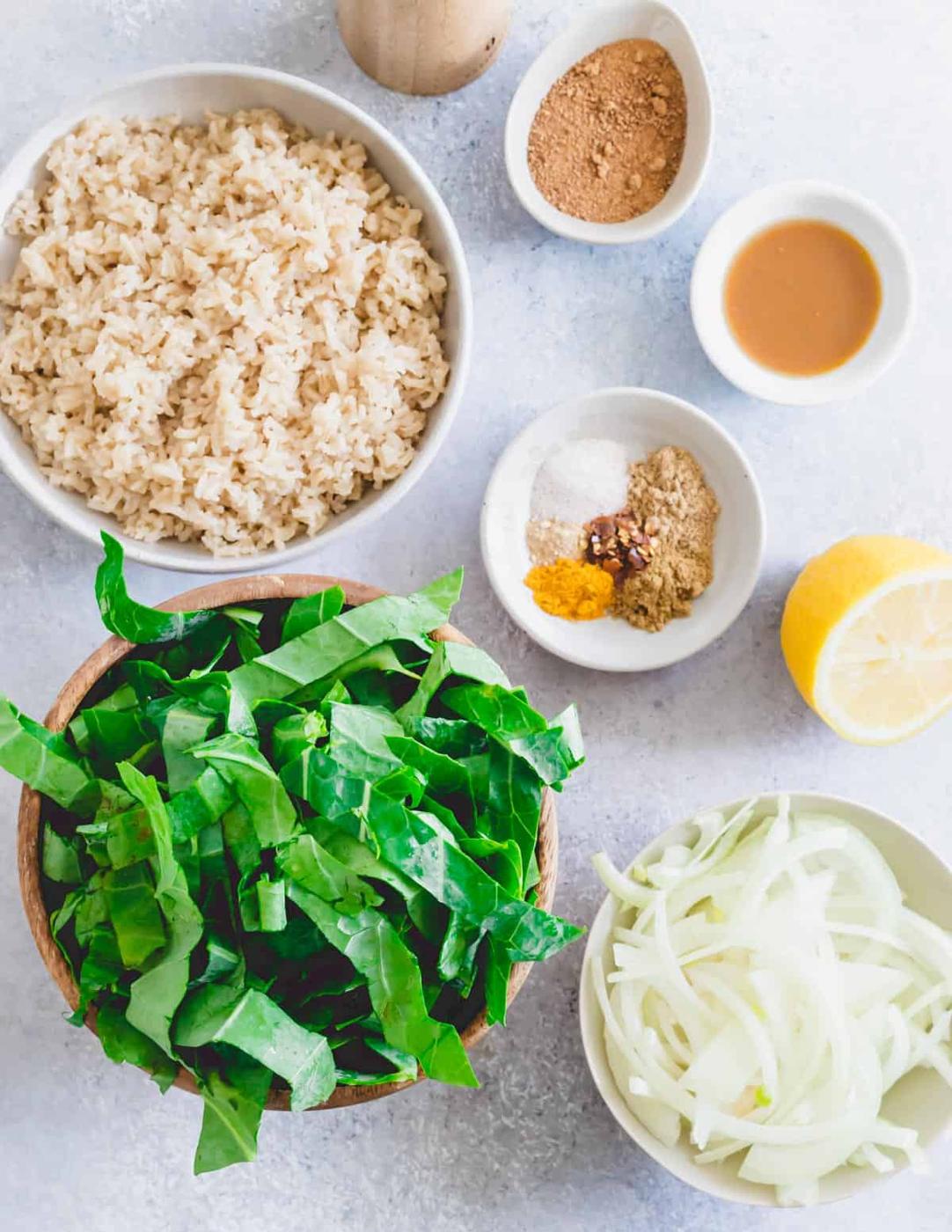 Ingredients in bowls to make spicy collard greens recipe.