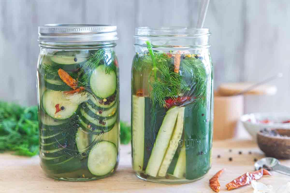 Spicy garlic dill pickles can be made in spears or rounds and adjusted to your taste preference. Simple and easy to make right in your refrigerator with no special equipment.