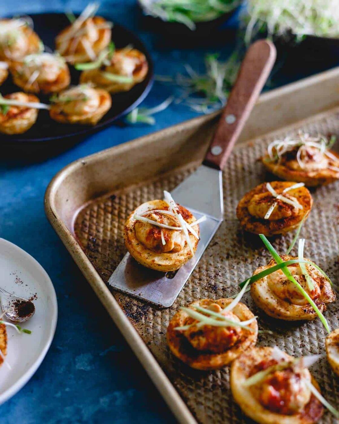 Spicy Hummus Stuffed Roasted Potato Bites
