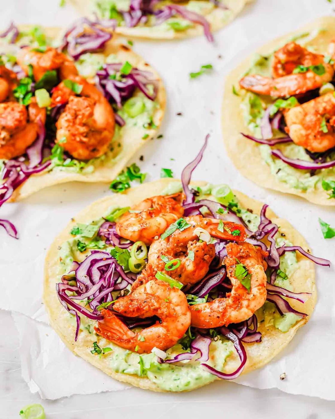 Shrimp Tostadas with Spicy Avocado Crema