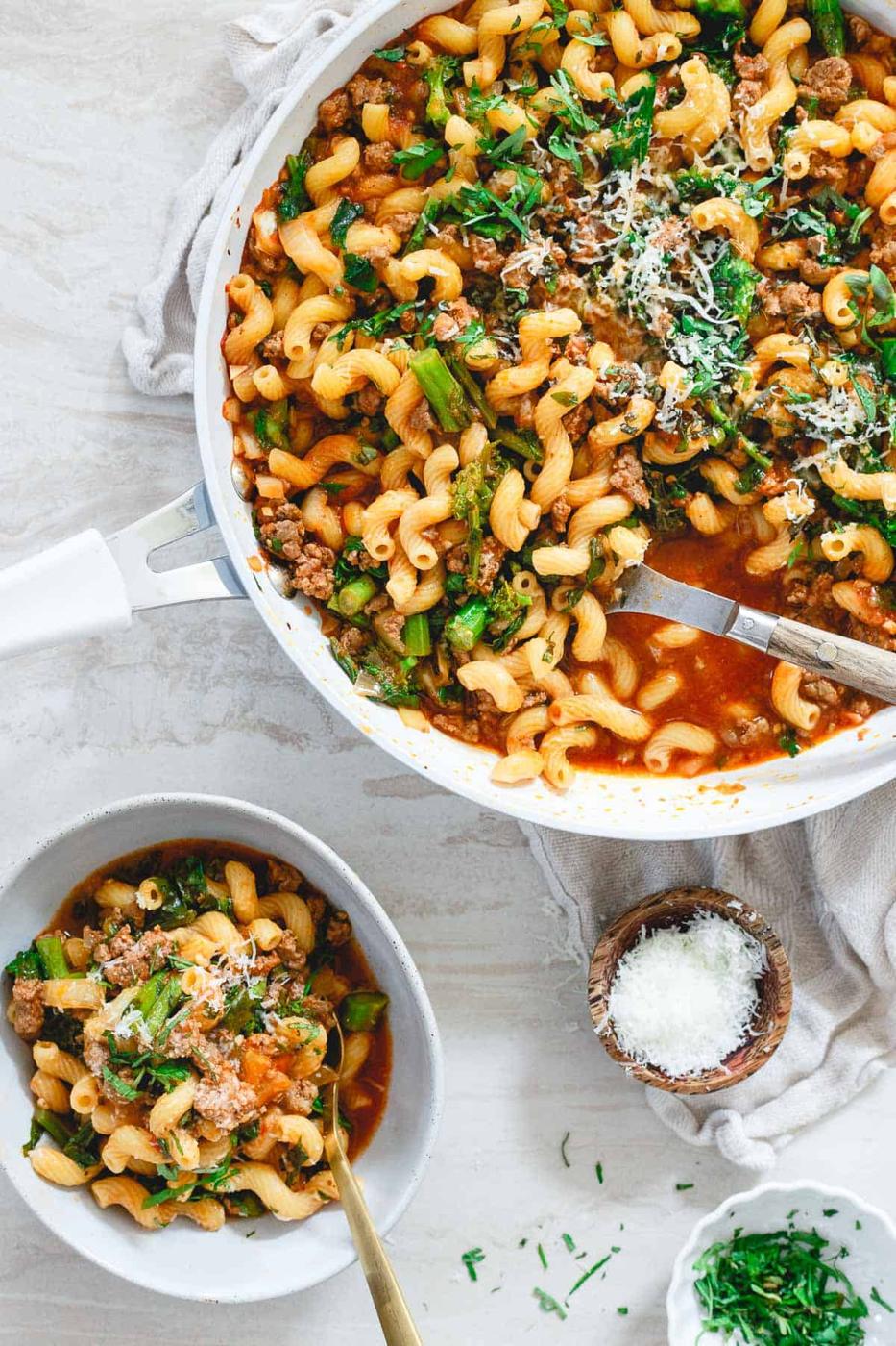 A hearty meal with pops of spring flavor, this lamb ragu comes together easily and quickly in one skillet.