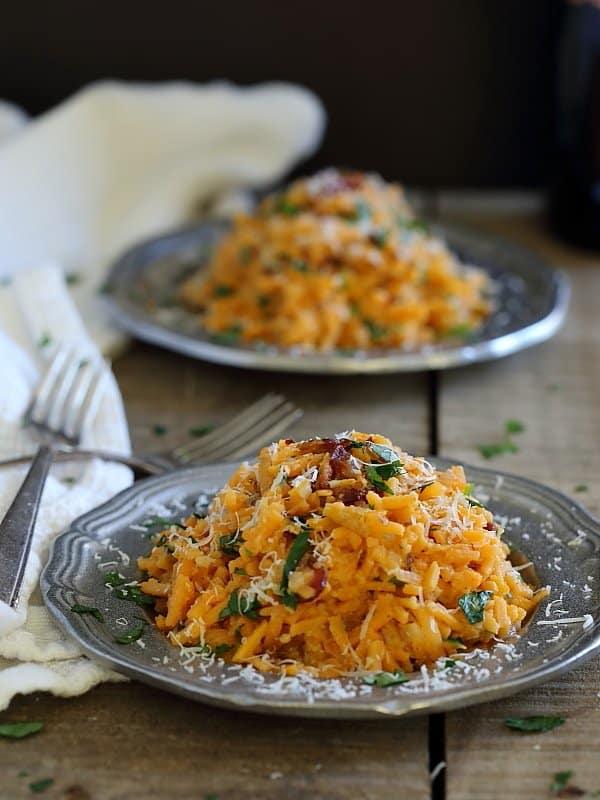 This sweet potato carbonara is made spicy with some red pepper and sriracha for a great, noodle-less version of a classic pasta comfort food.