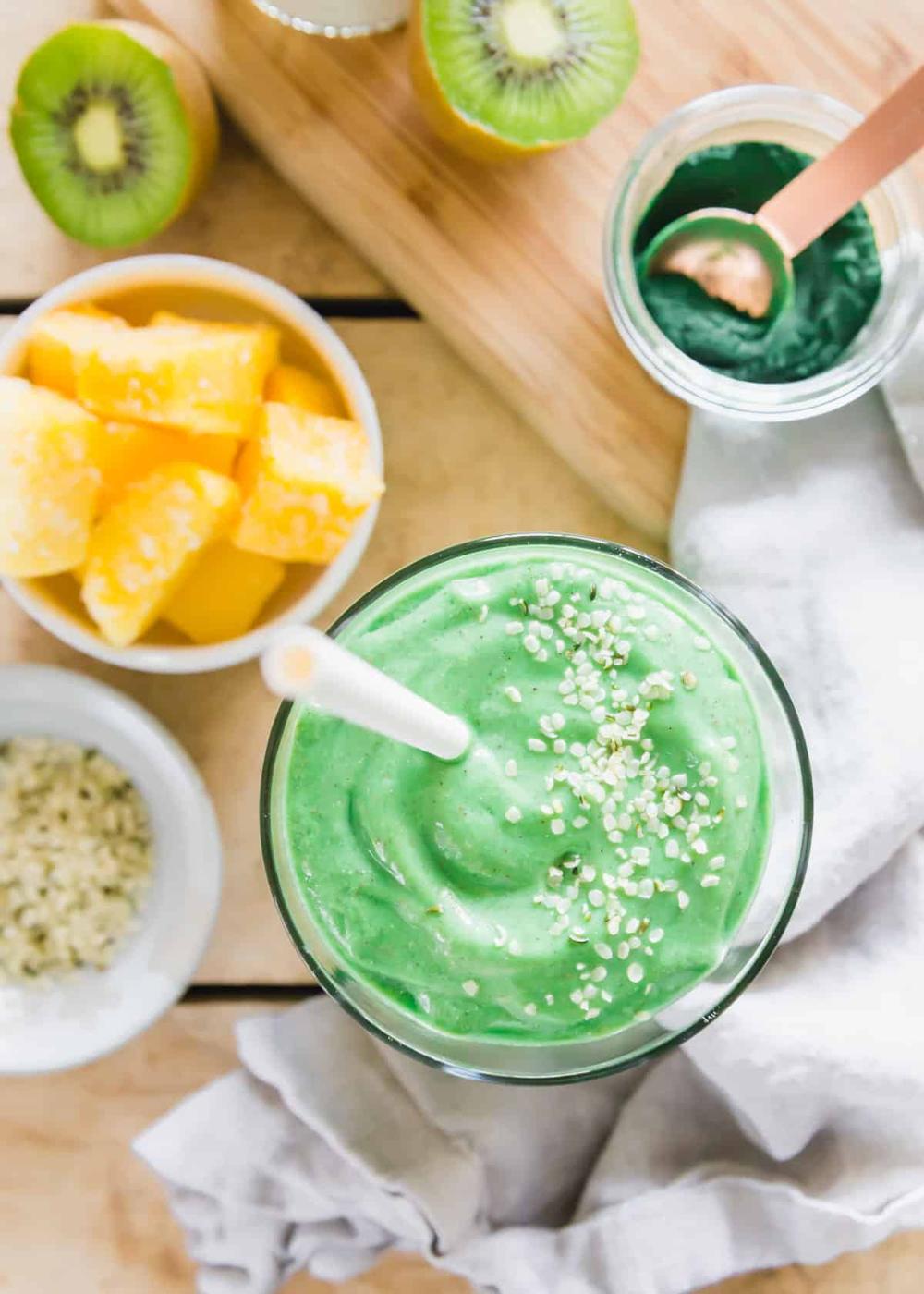 Nutritious plant based spirulina smoothie made with green spirulina powder.