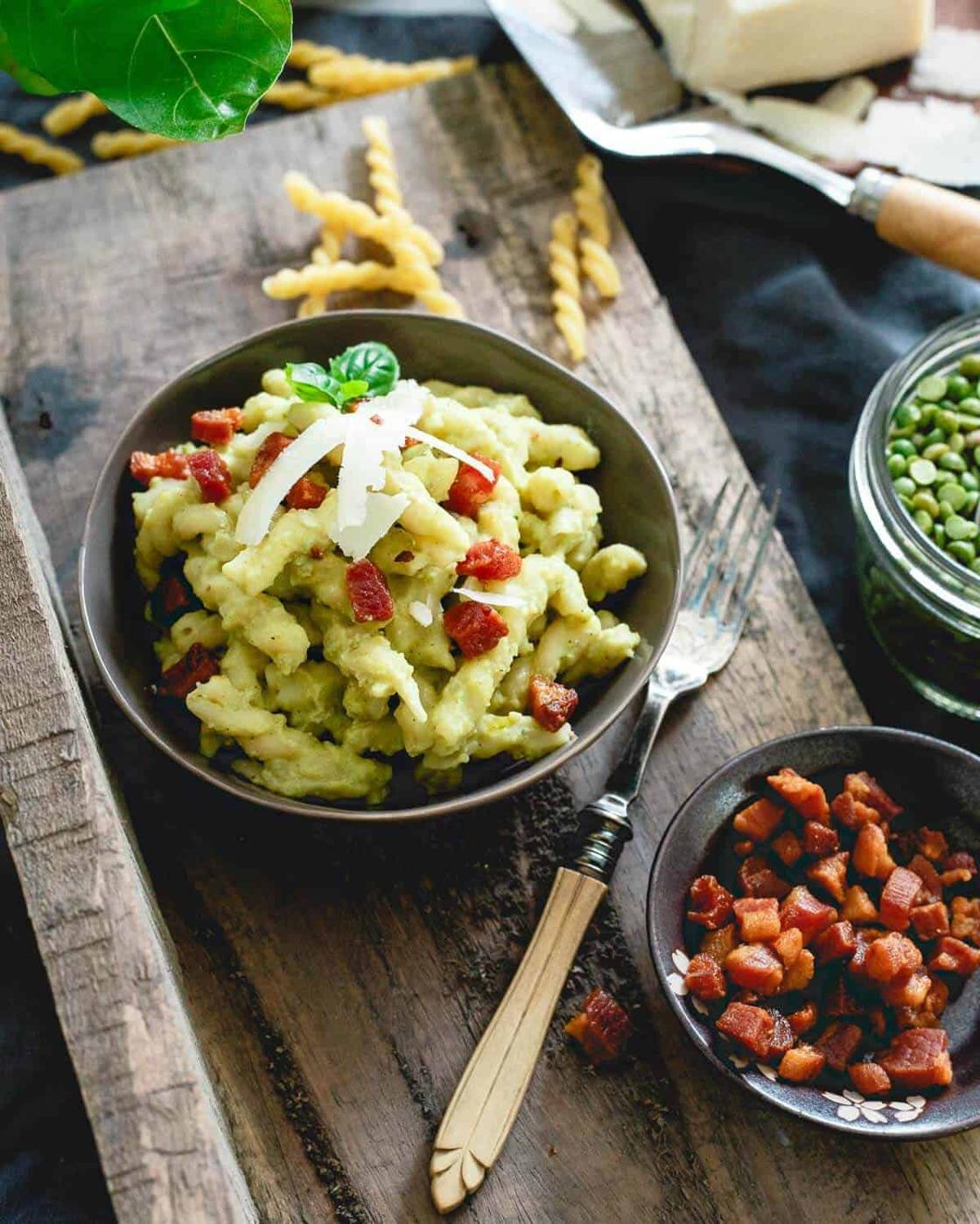 Split Pea Pesto Gemelli with Crispy Pancetta