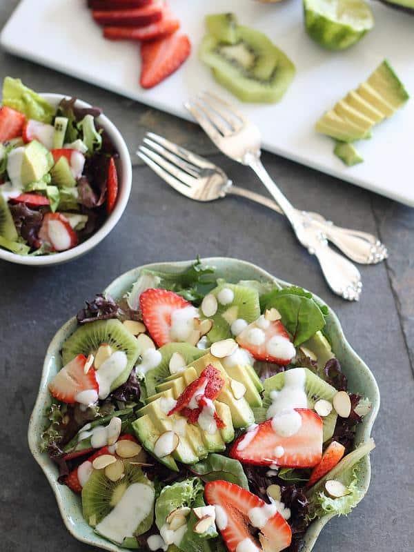 strawberry salad with avocados and a honey lime dressing