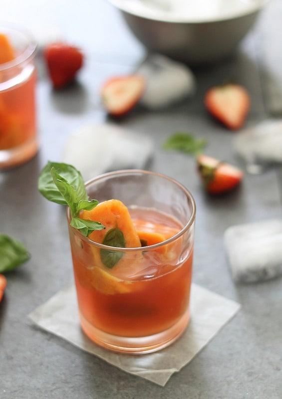 strawberry daiquiri with nectarine basil ice cubes