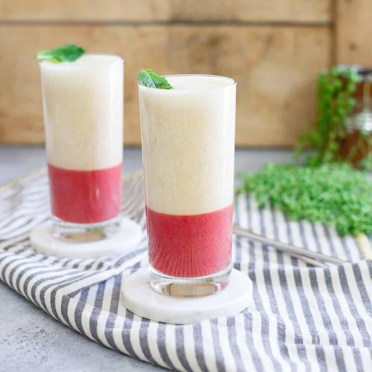 This layered strawberry ginger peach smoothie is refreshing and fruit forward with a healthy dose of protein from ultra-filtered milk.