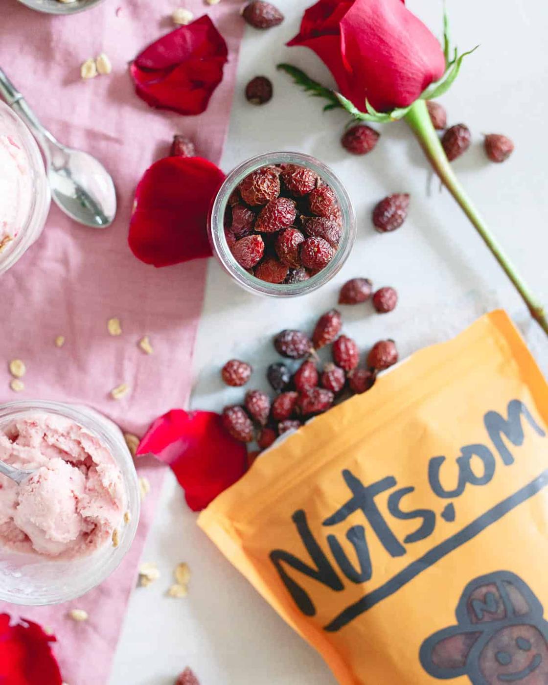 Rosehips are infused in milk and honey to give this ice cream a subtle floral and citrus flavor combined with sweet spring strawberries.