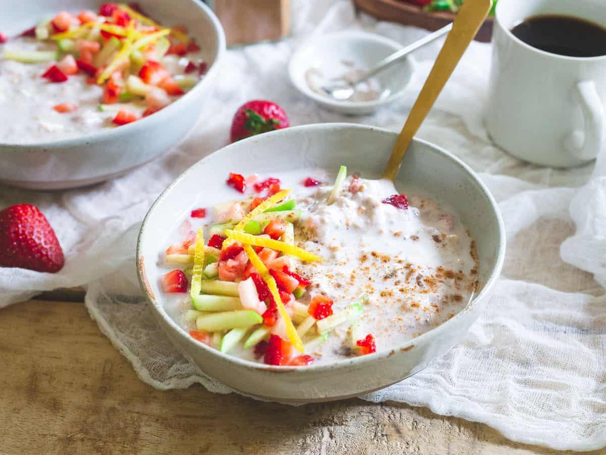 Fiber packed, hearty, healthy with bright pops of spring strawberries and lemon - this overnight muesli is a great start to the day!