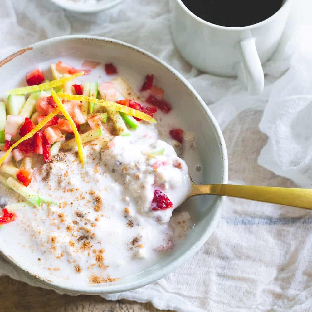 Give your bowl of muesli a spring twist with strawberries and lemon. This version is made the night before so you can wake up to a delicious bowl for breakfast!
