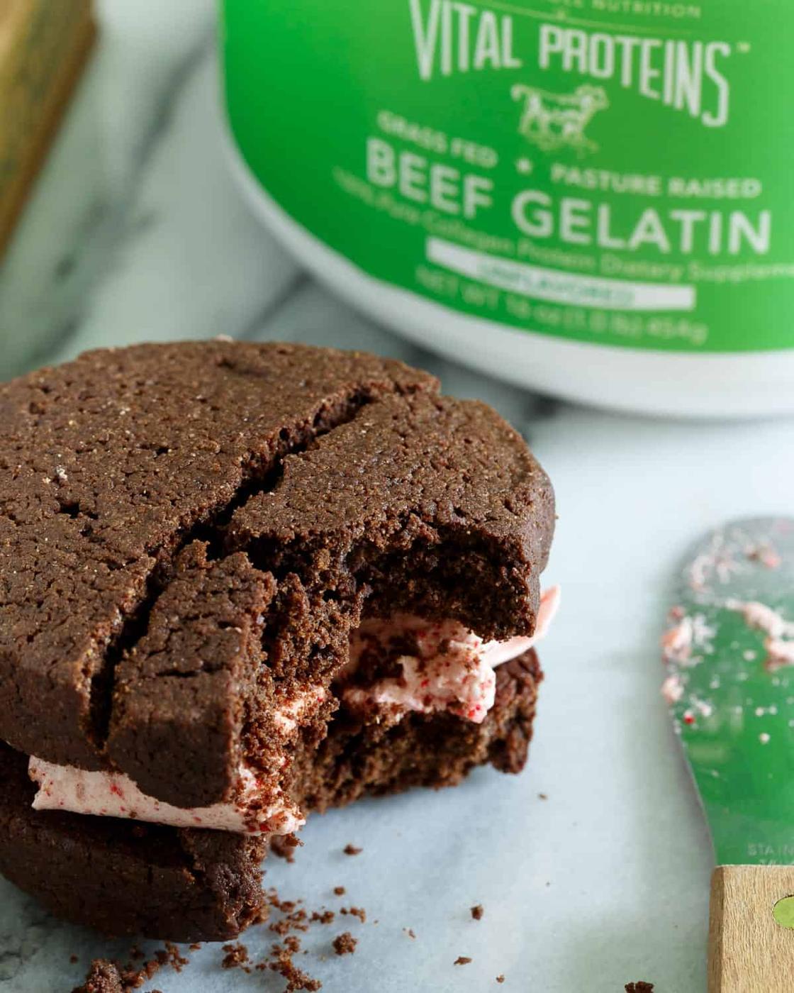 Strawberry Marshmallow Brownie Sandwich Cookies made with Vital Proteins grass fed and pasture raised gelatin are a delicious spring treat.