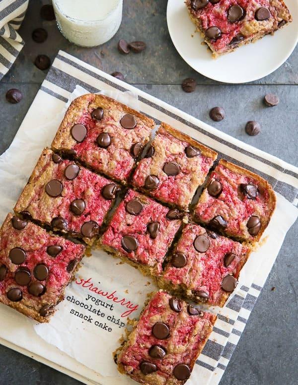 Strawberry yogurt chocolate chip snack cake