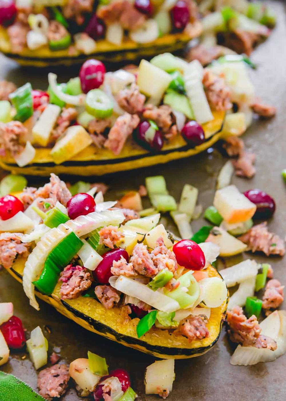 Stuffed Delicata Squash with Cranberry Apple Pork Stuffing