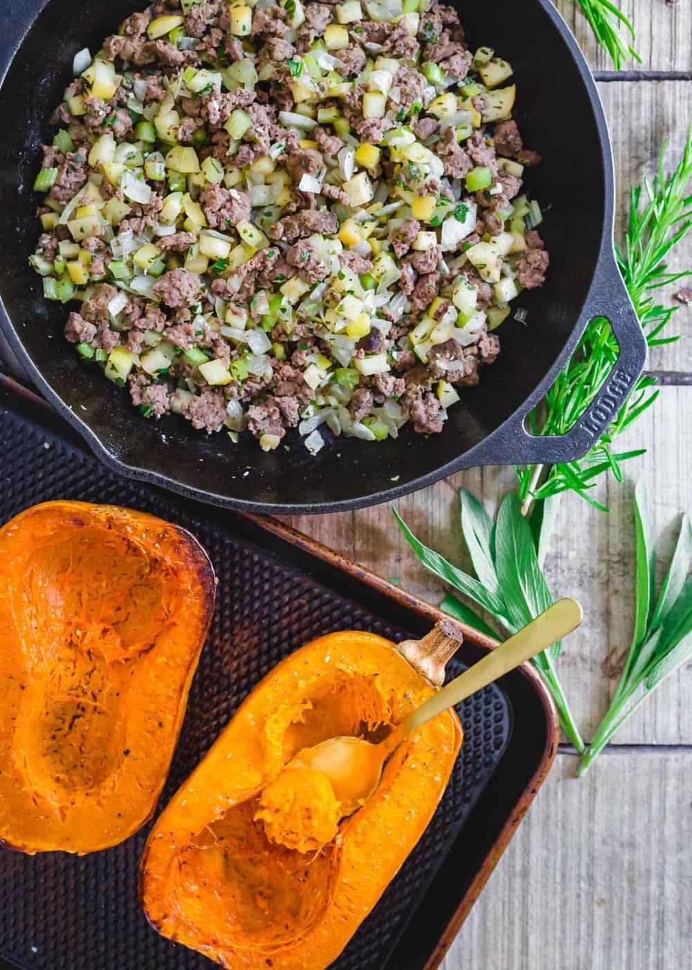 Ground meat with apples, onions, celery and rosemary to stuff roasted honeynut squash.