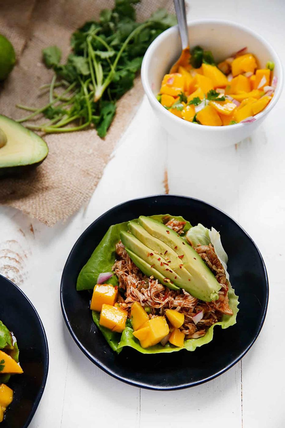 Slow Cooker Caribbean Pulled Chicken Lettuce Wraps