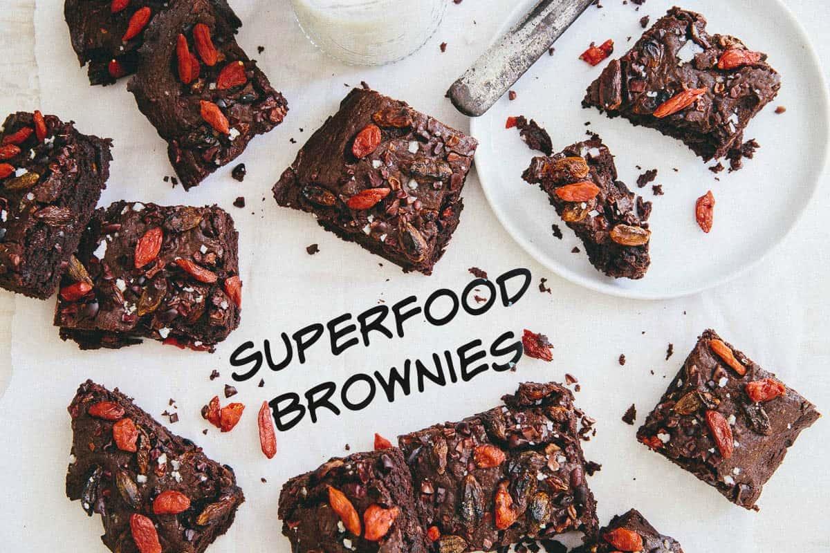 These gluten free superfood brownies are packed with goji berries and cacao nibs and baked to chewy fudge-brownie perfection!
