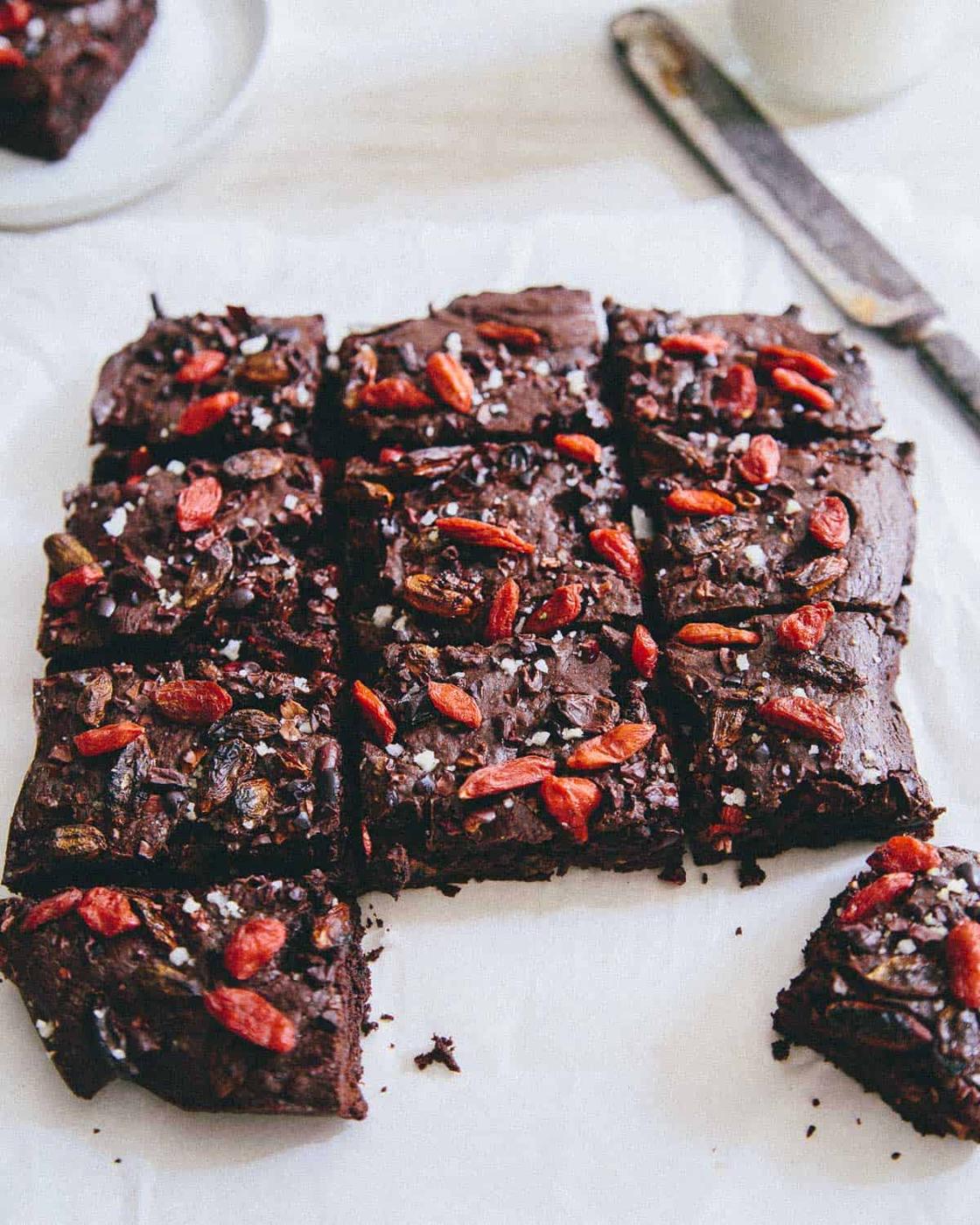 Superfood Brownies packed with goji berries and cacao nibs make a delicious gluten free dessert!