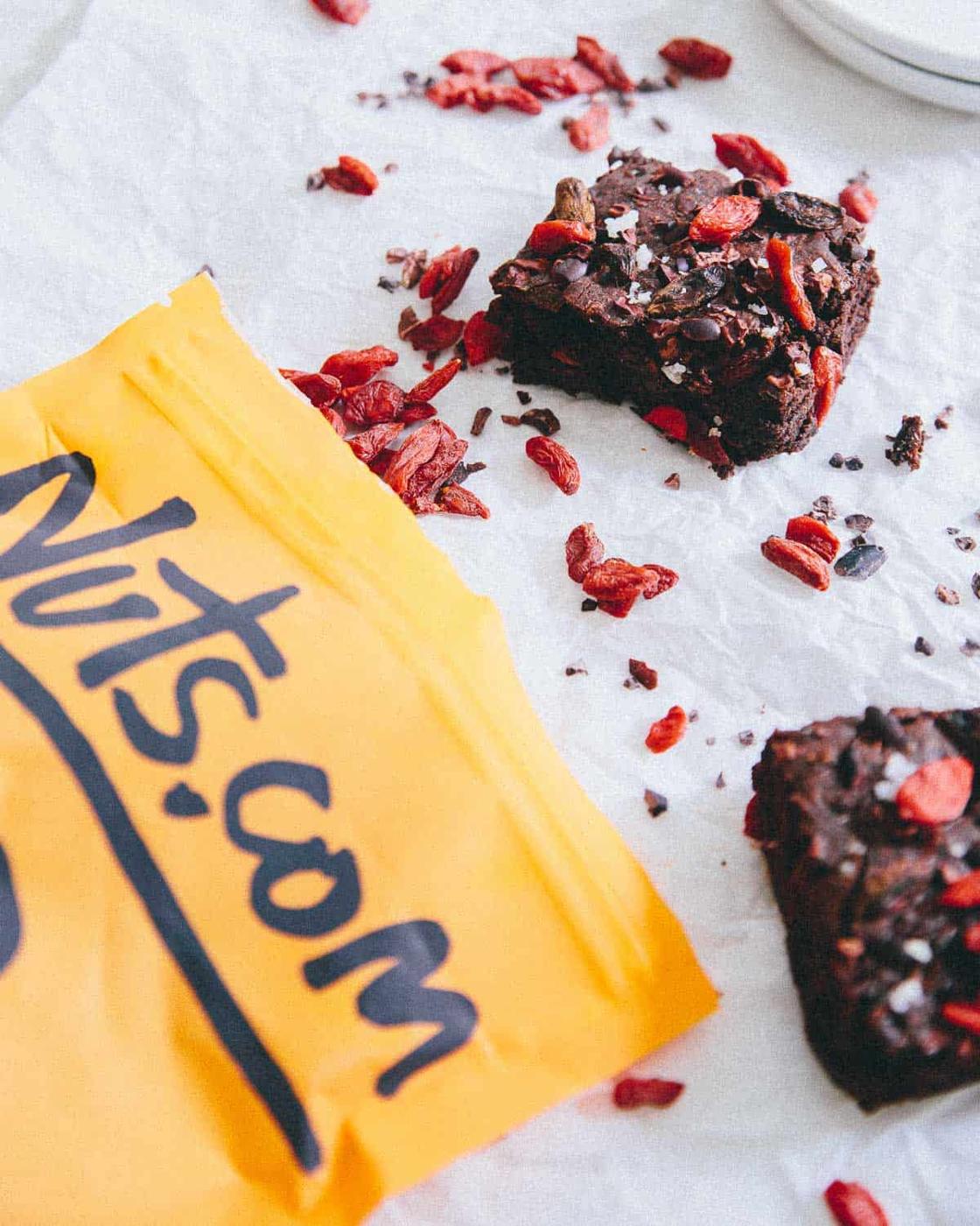 Superfood Brownies made with goji berries and cacao nibs from Nuts.com are fudgy, chewy and even gluten free!