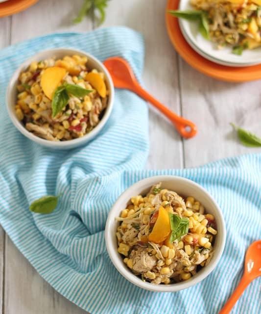 chicken salad with corn, peaches and honey mustard