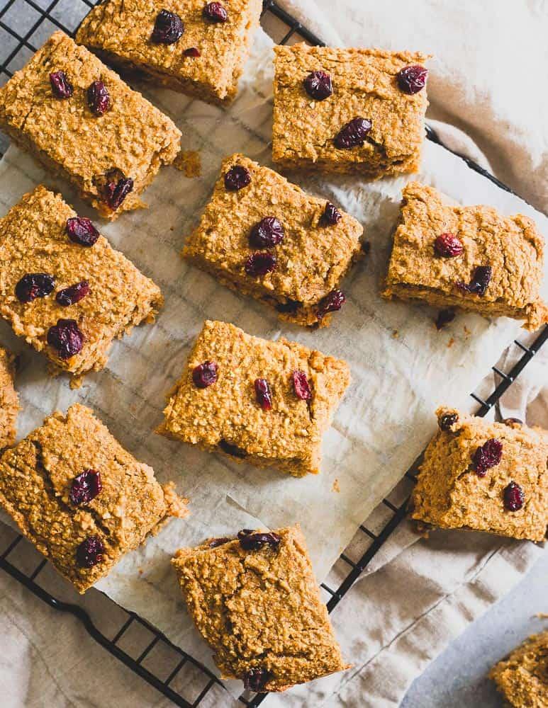 These sweet potato bars make a delicious healthy snack. Add dried cranberries for a festive spin!