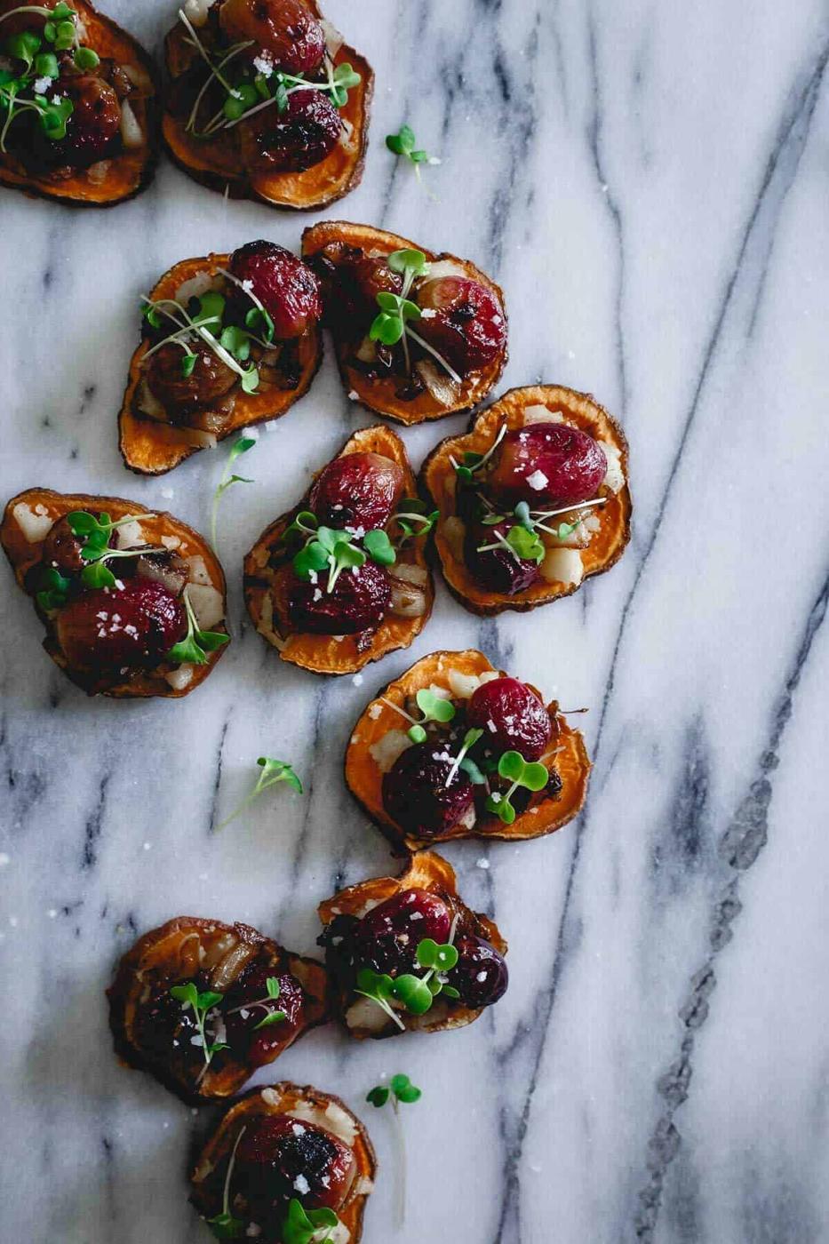 Roasted Grape and Jalapeno Sweet Potato Crostini