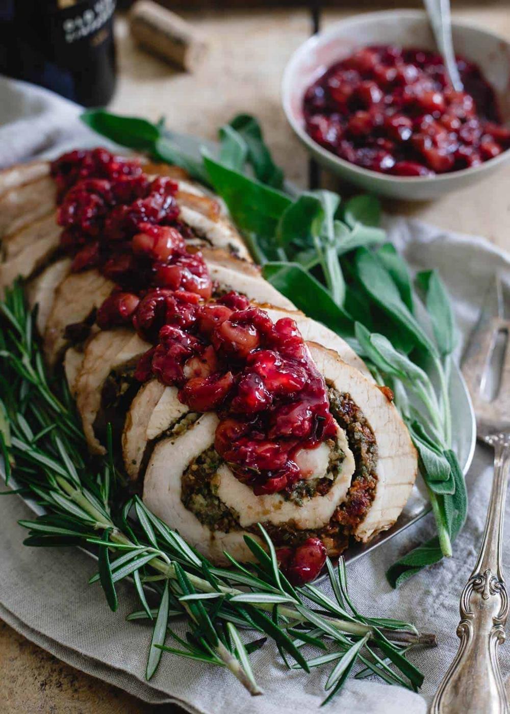 Tart Cherry Chestnut Stuffed Turkey Roulade