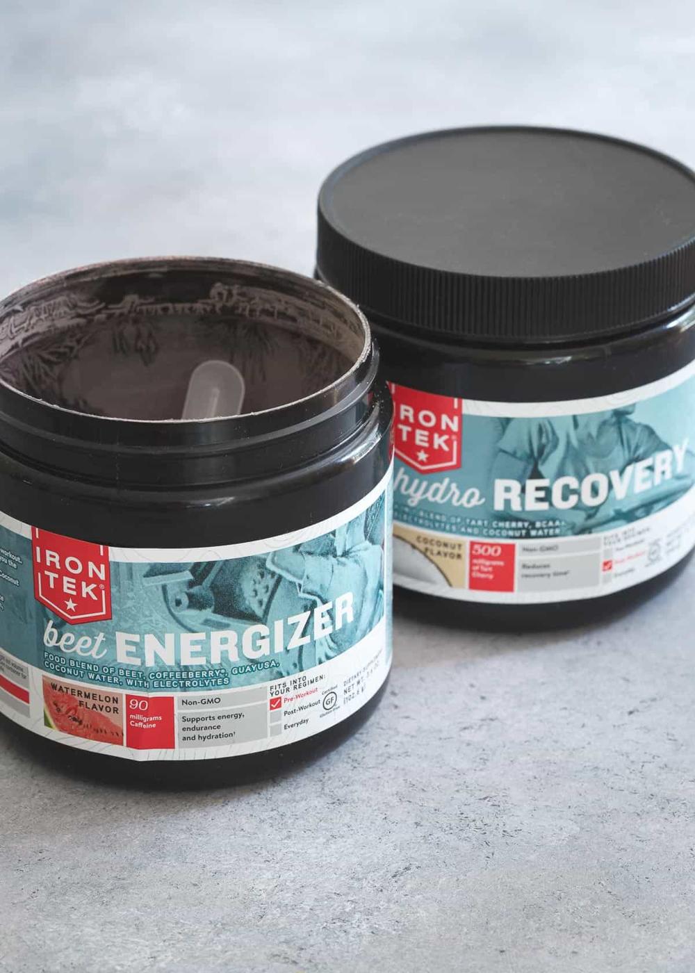 IronTek watermelon beet energizer and tart cherry coconut hydro recovery help to both boost your energy and recover faster from your workouts.