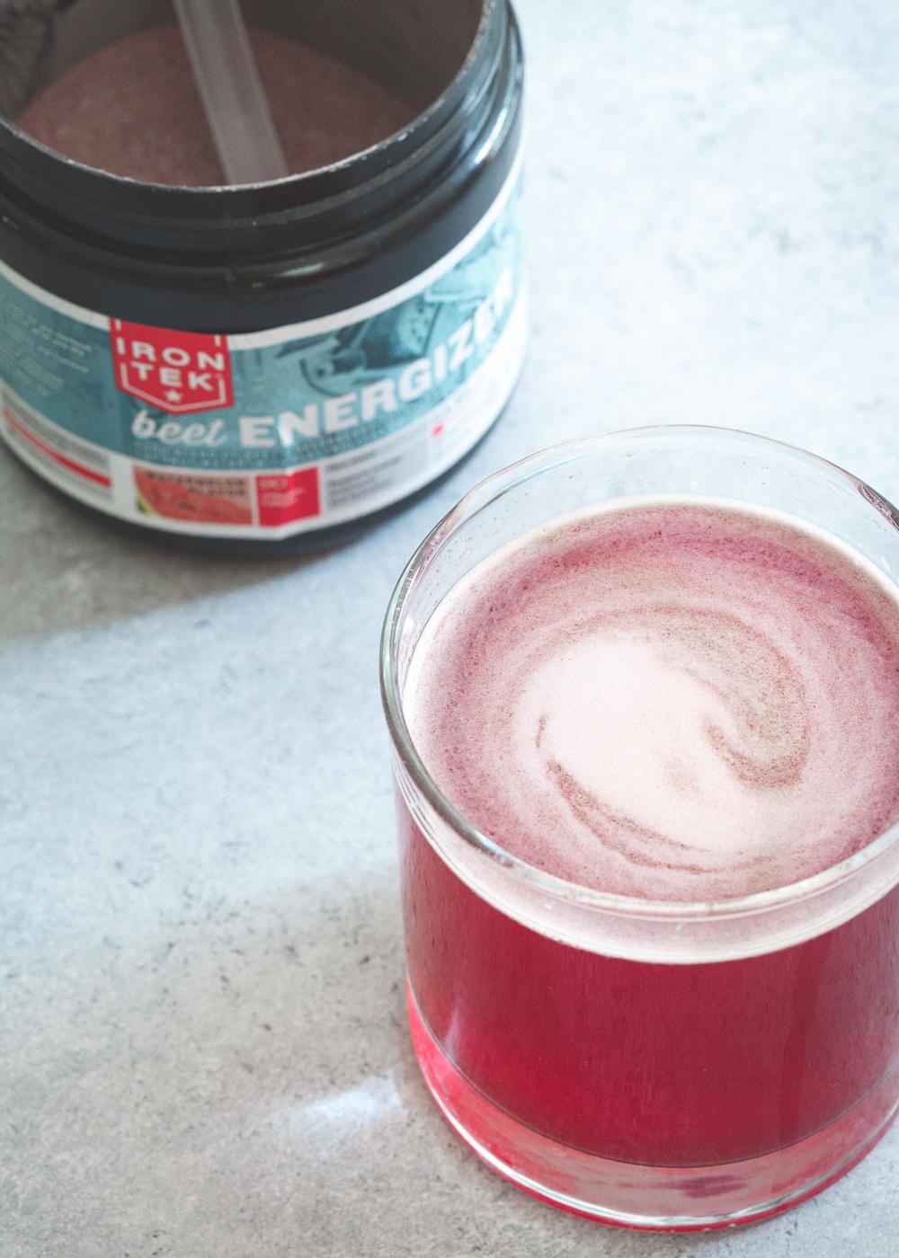 IronTek beet energizer is delicious mixed with water right before your workout for an added boost of energy.