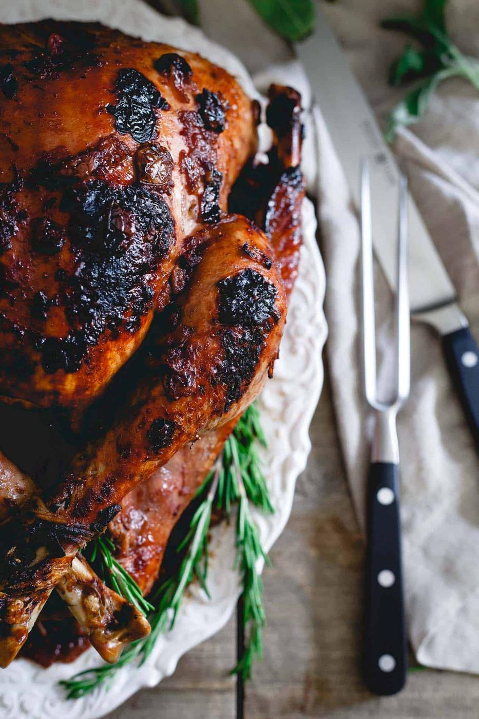 This easy tart cherry cranberry glaze makes a juicy, flavorful turkey perfect for your holiday dinner!