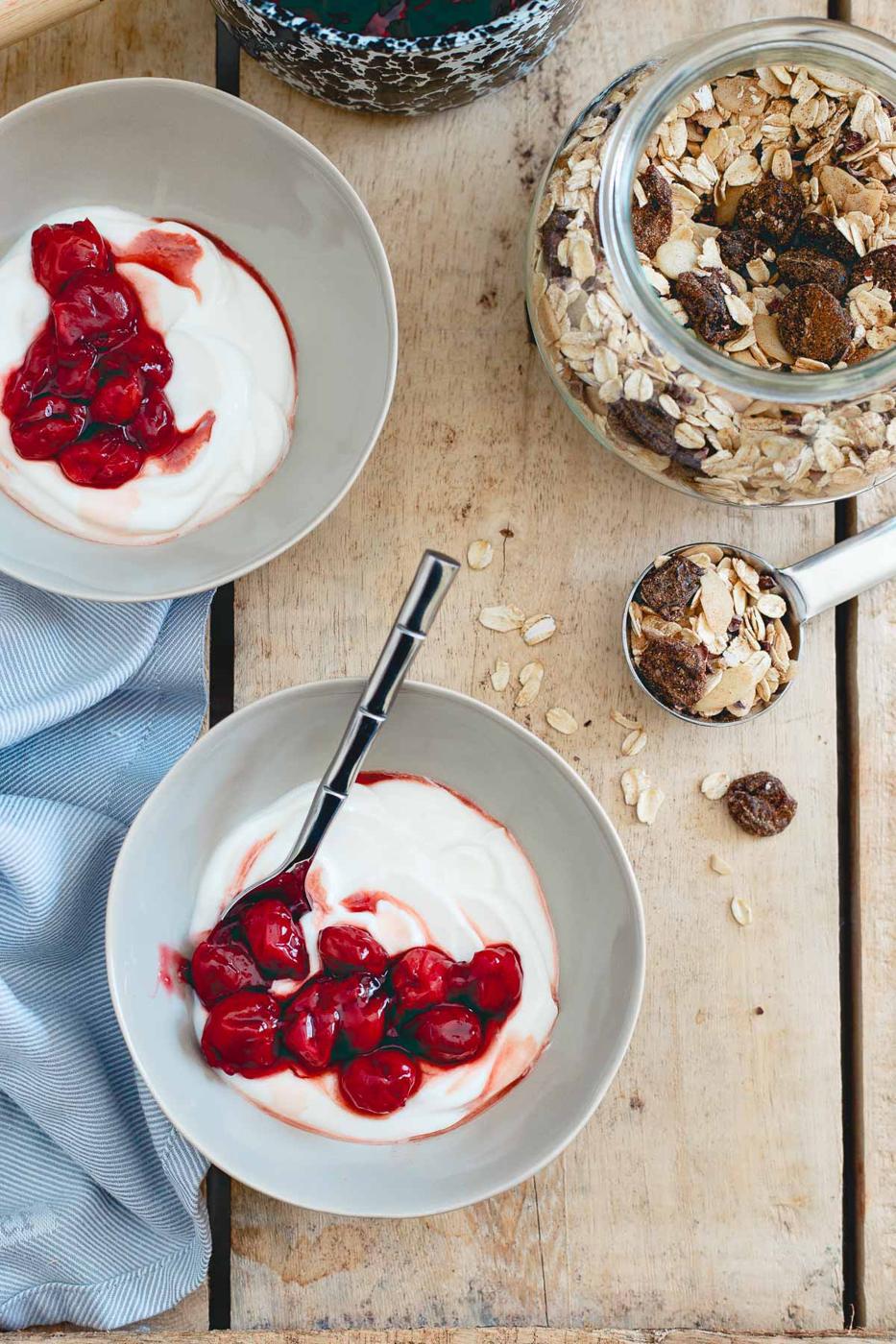 Enjoy this tart cherry ginger muesli over cherry swirled yogurt bowls for an easy, nutritious breakfast.