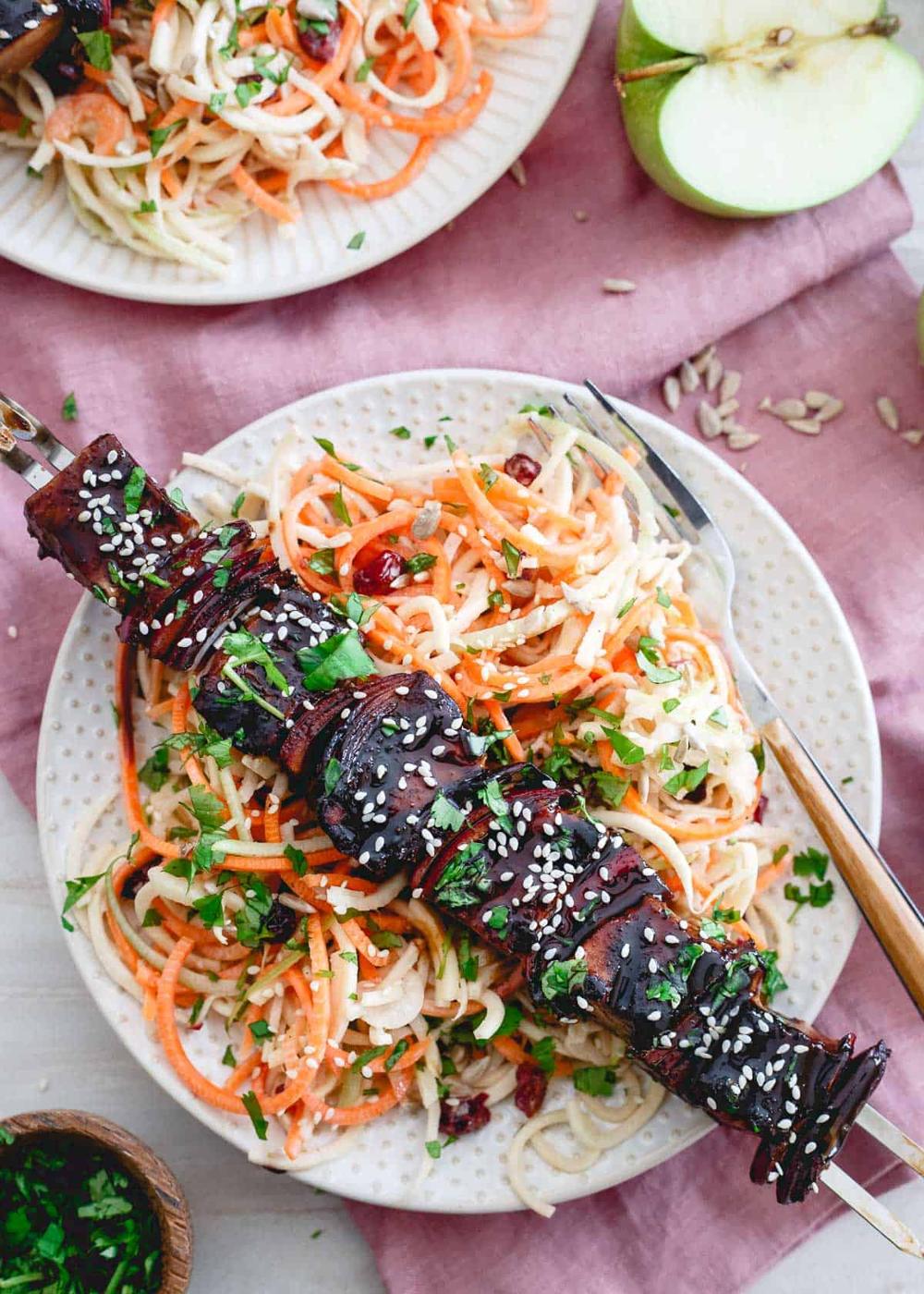 These Ahi tuna kabobs are glazed with a Montmorency tart cherry balsamic reduction and served over a spiralized winter salad with cherry lime yogurt dressing.