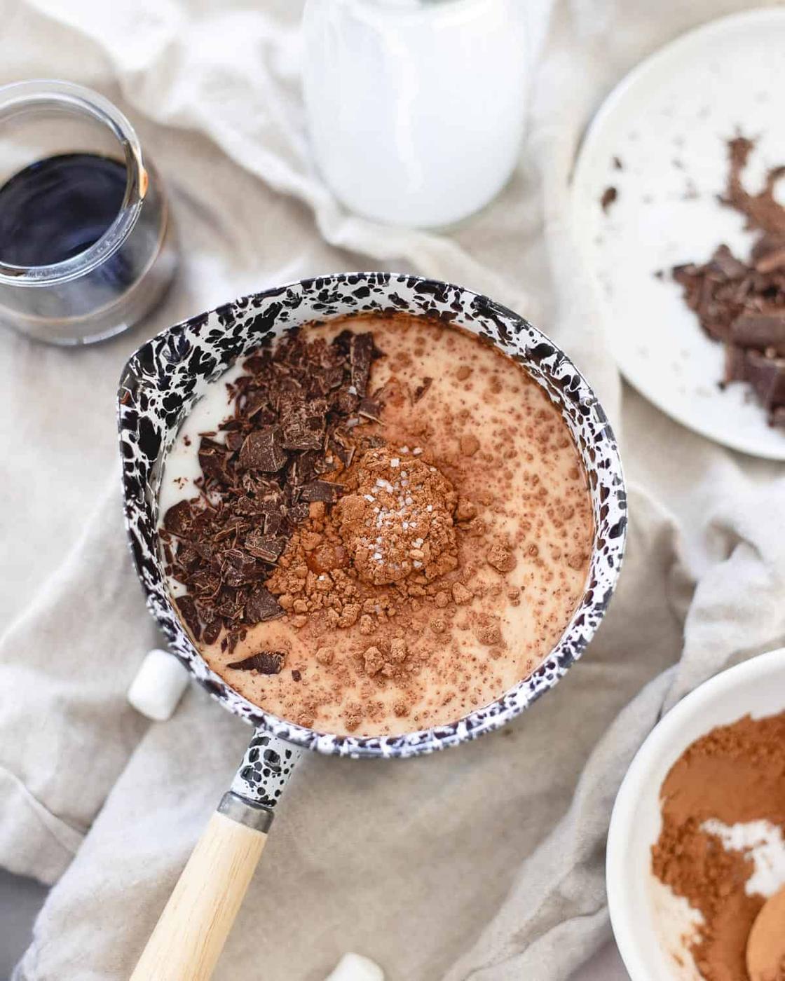 Dark chocolate, coconut milk and tart cherries combine in this creamy winter treat perfect for a cold night.