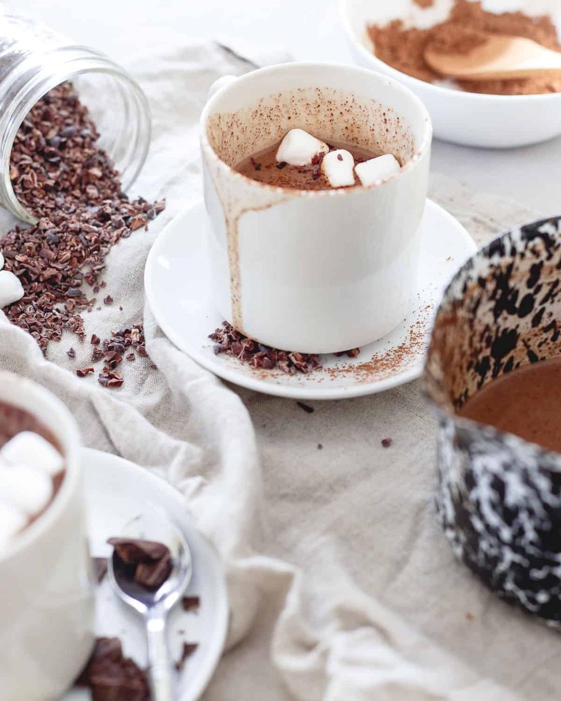 Top off a mug of this tart cherry hot chocolate with cocoa powder, cacao nibs and of course, some marshmallows for a delicious winter treat.