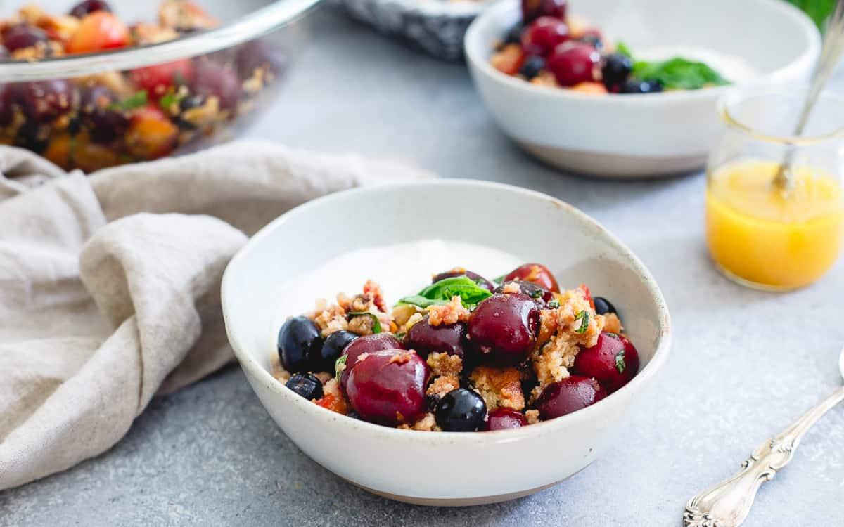 Filled with cherries, blueberries, grilled nectarines and toasted blueberry muffin pieces, this summer panzanella salad is an easy, simple way to enjoy summer fruit.