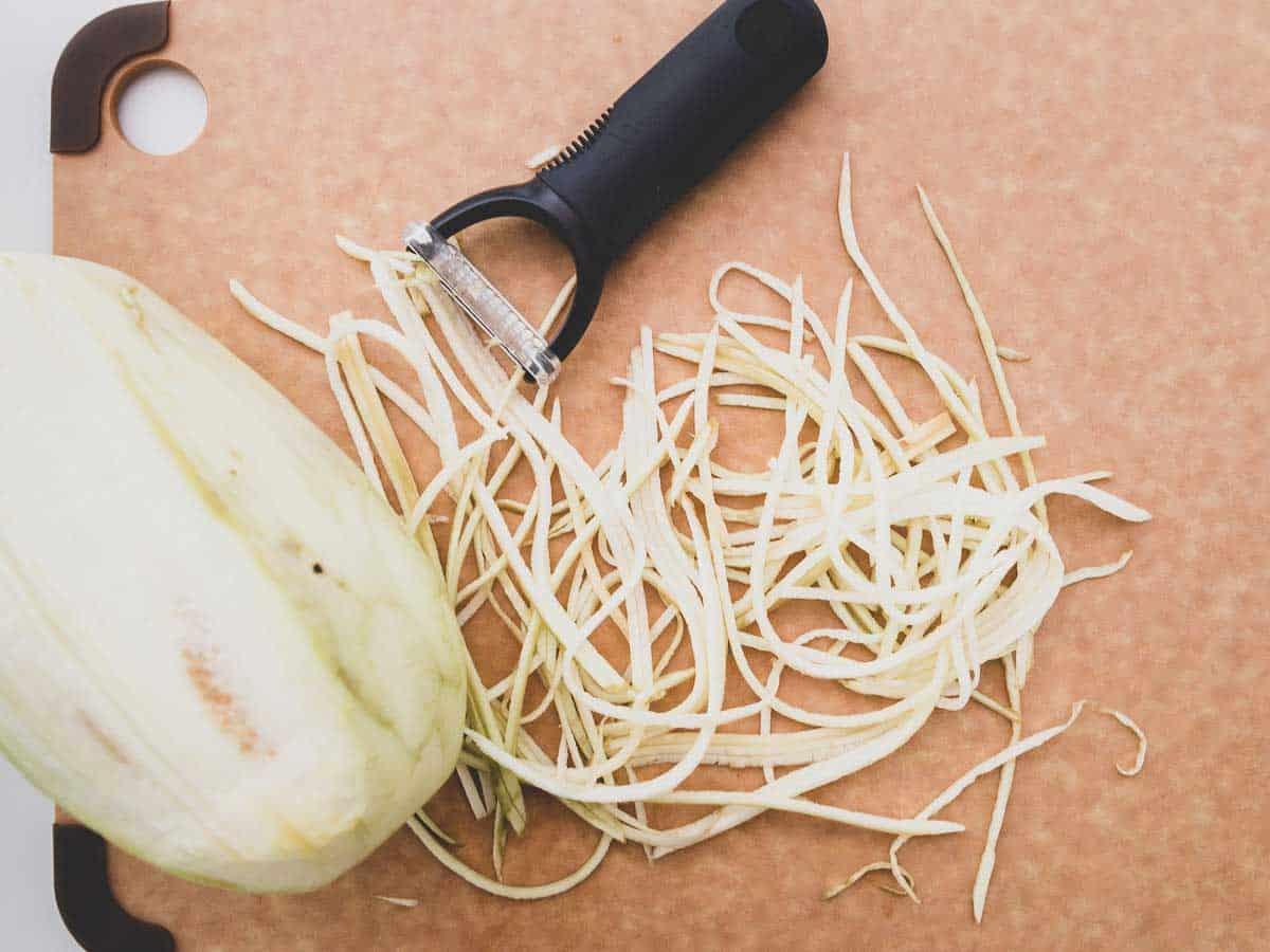 How to make noodles out of an eggplant with a julienne peeler.