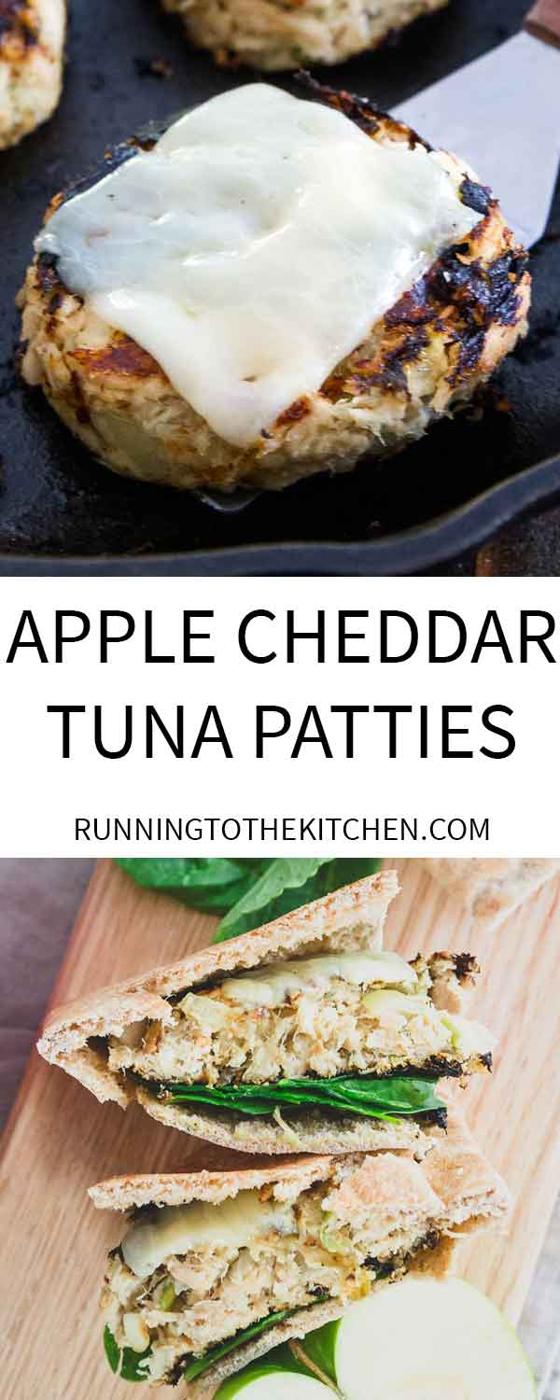 Cheddar topped tuna patties made in the skillet and filled with apples for a fall twist.