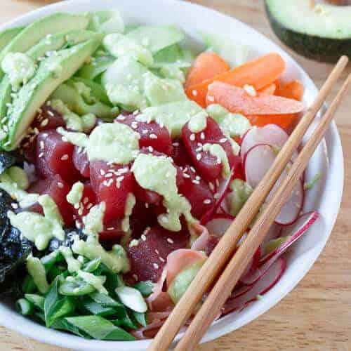 Tuna Sushi Bowl with Avocado Wasabi Dressing