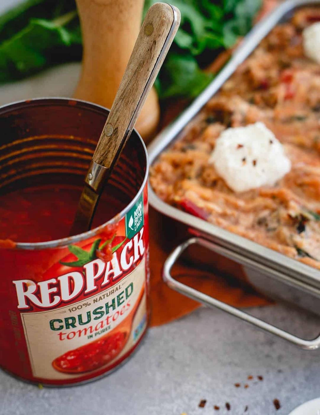 Redpack tomatoes help make this spaghetti squash baked ziti taste every bit as delicious as the real Italian dish.