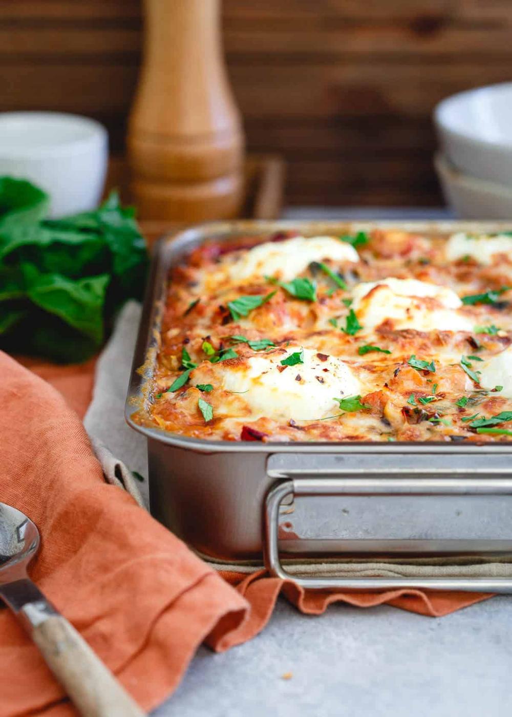 Turkey Sausage Spaghetti Squash Baked Ziti with Mushrooms and Chard