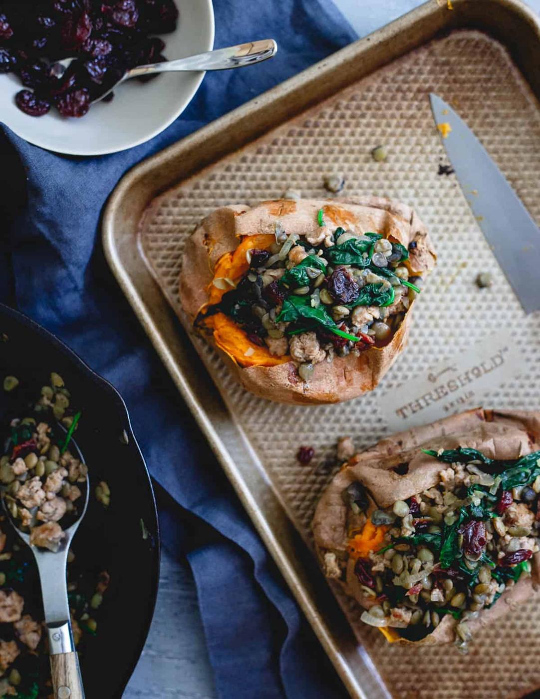 These stuffed sweet potatoes are filled with hot Italian turkey sausage, lentils, tart cherries and spinach. A wholesome way to welcome in the fall season.