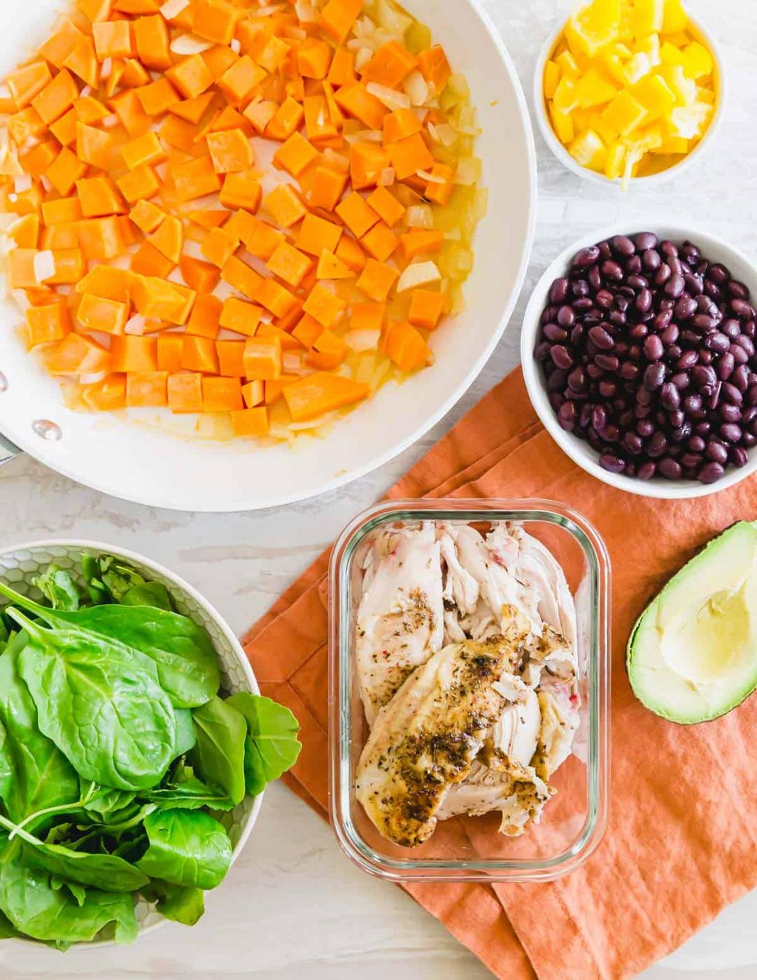 ingredients for this one pan turkey sweet potato skillet including sweet potatoes, onions, yellow bell pepper, black beans, baby greens and leftover turkey.