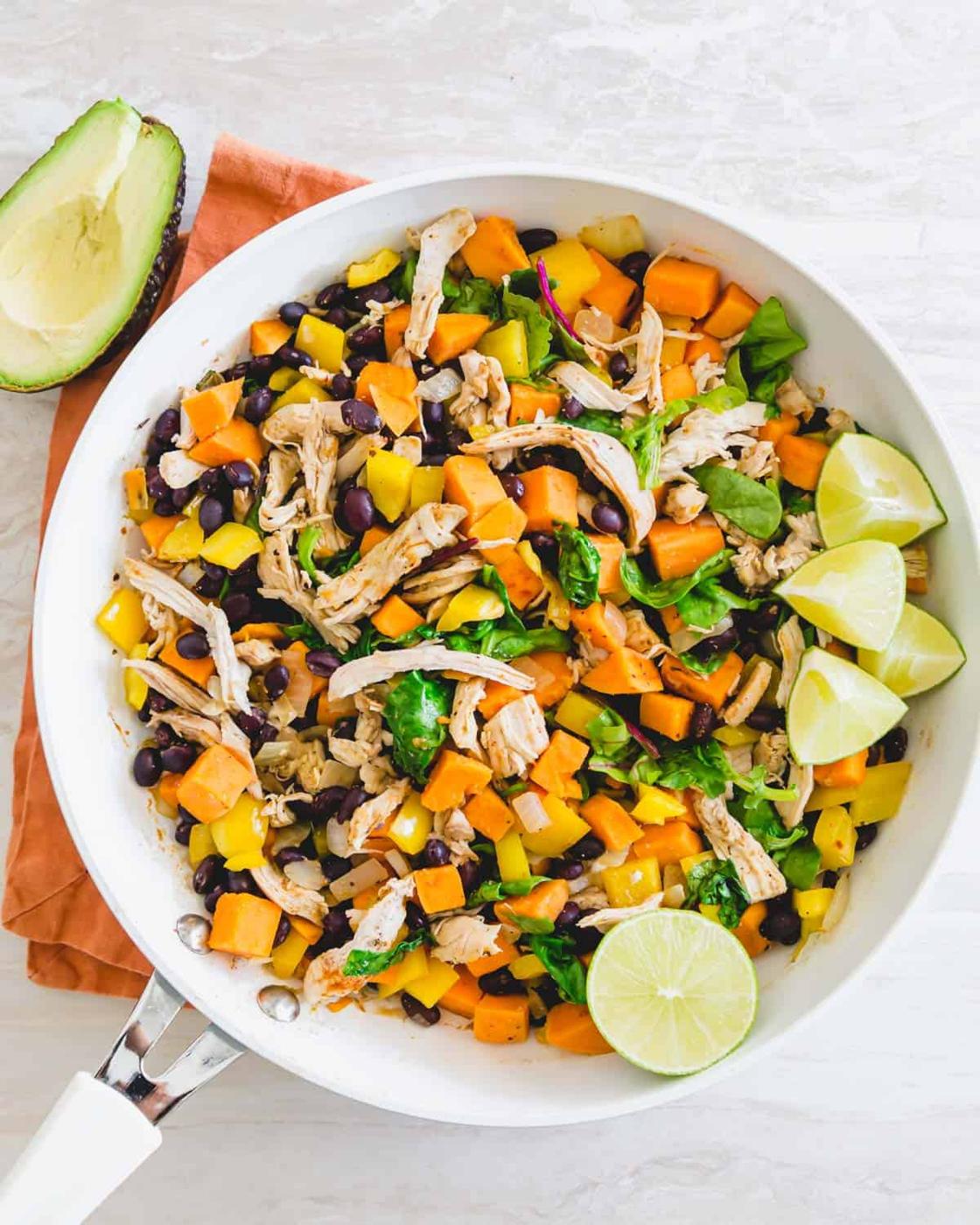 A one skillet healthy meal of leftover turkey, sweet potatoes, black beans with other Mexican style ingredients.